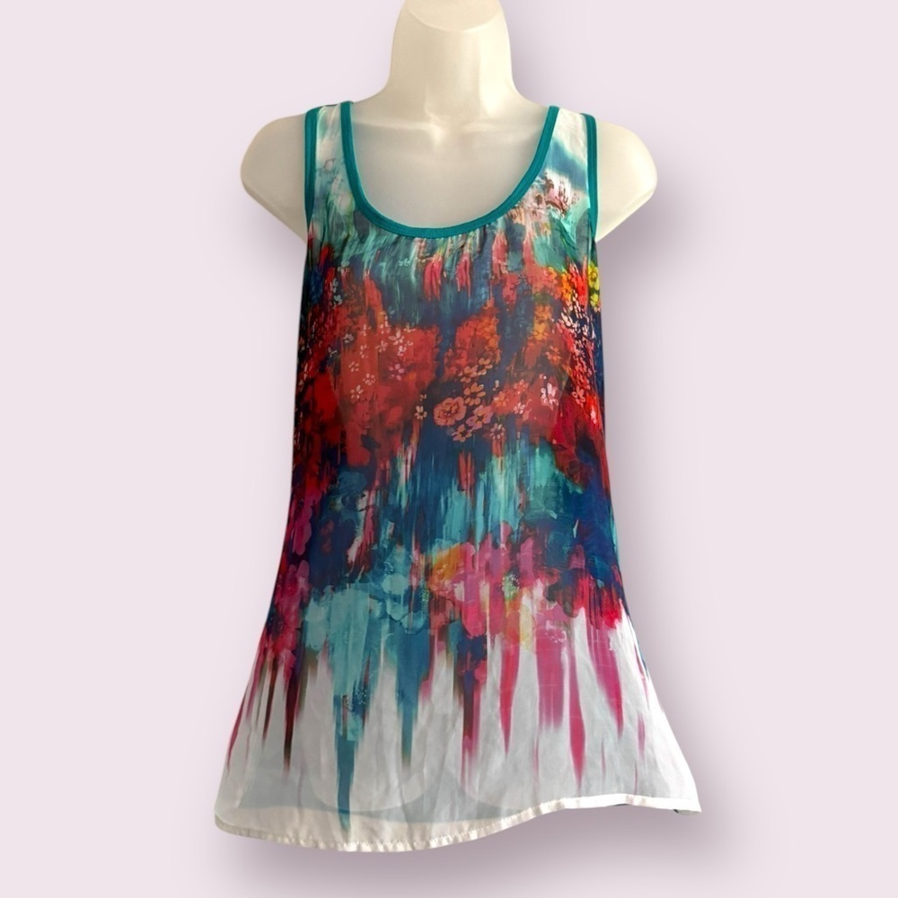 Bisou Bisou Sheer Tank Top Watercolor Print Sleeveless Blouse Size L